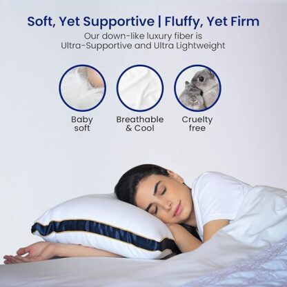 Wonderwrap Microfiber Bed Pillow for Sleeping - Down Alternative Ultra soft Cotton Washable Pillow with Satin Gusset, Soft Pillow with Blue Decorative Stripes - King (Pack of 3)) - Image 5